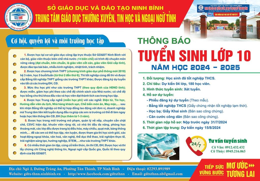 THÔNG BÁO TUYỂN SINH LỚP 10 NĂM HỌC 2024-2025